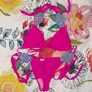 Bright Pink Bling Bikini Body Building Pageant Ware Diamonds